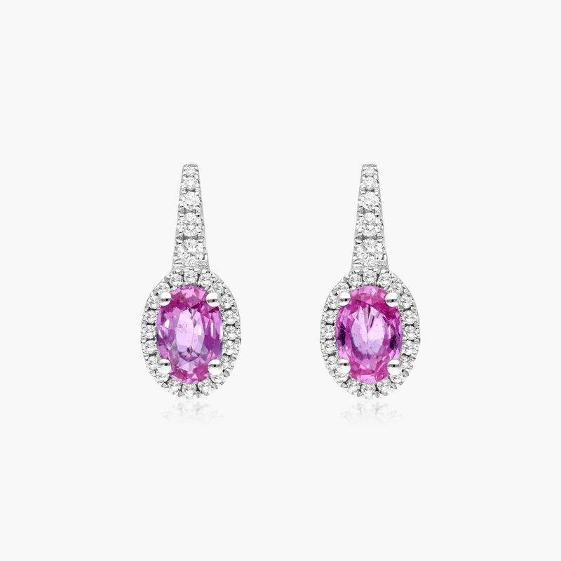 Petite Oval Cut Pink Sapphire And Diamond Halo Drop Earrings In 18K White Gold