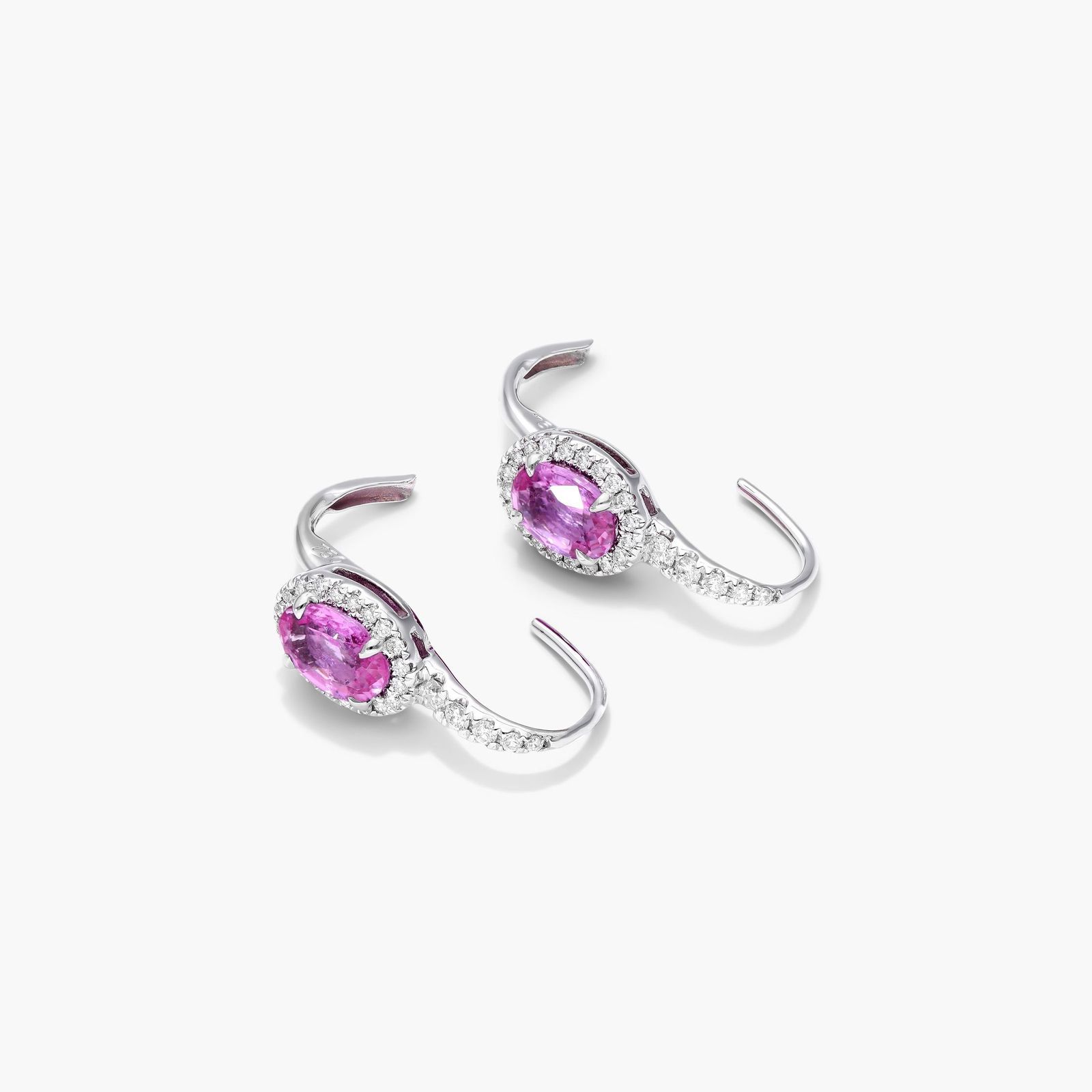 Petite Oval Cut Pink Sapphire And Diamond Halo Drop Earrings In 18K White Gold