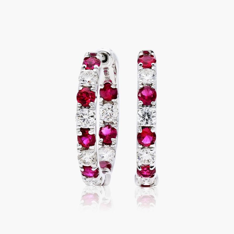 Inside Out Ruby And Diamond Round Hoop Earrings In 14K White Gold
