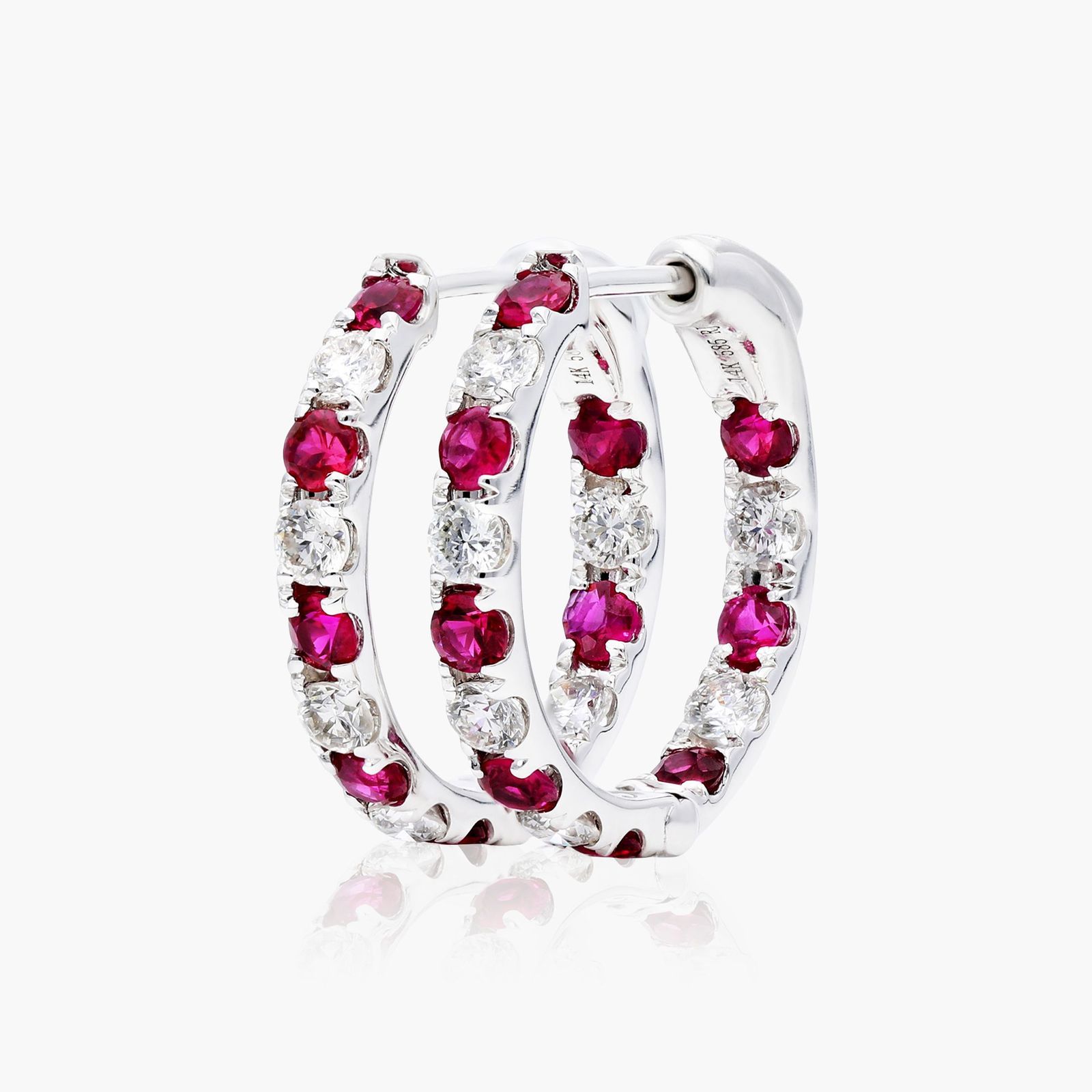 Inside Out Ruby And Diamond Round Hoop Earrings In 14K White Gold