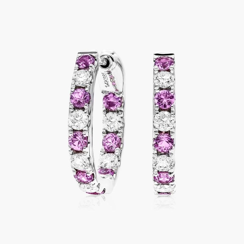 Inside Out Pink Sapphire And Diamond Round Hoop Earrings In 14K White Gold