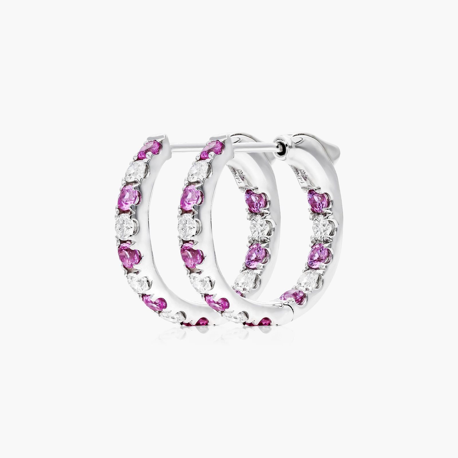 Inside Out Pink Sapphire And Diamond Round Hoop Earrings In 14K White Gold