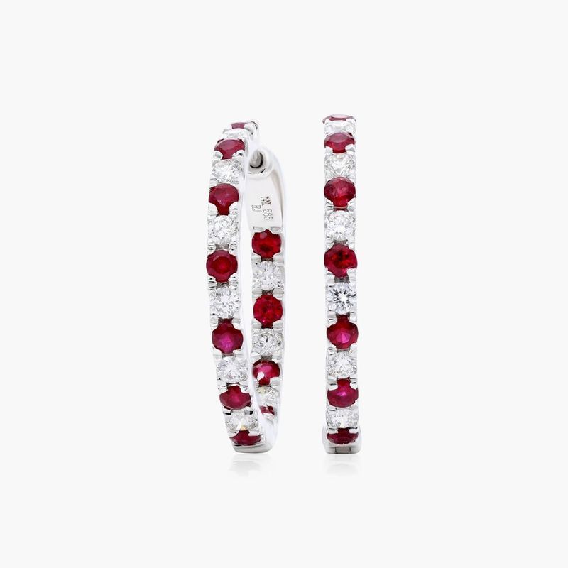 Inside Out Ruby And Diamond Round Hoop Earrings In 14K White Gold