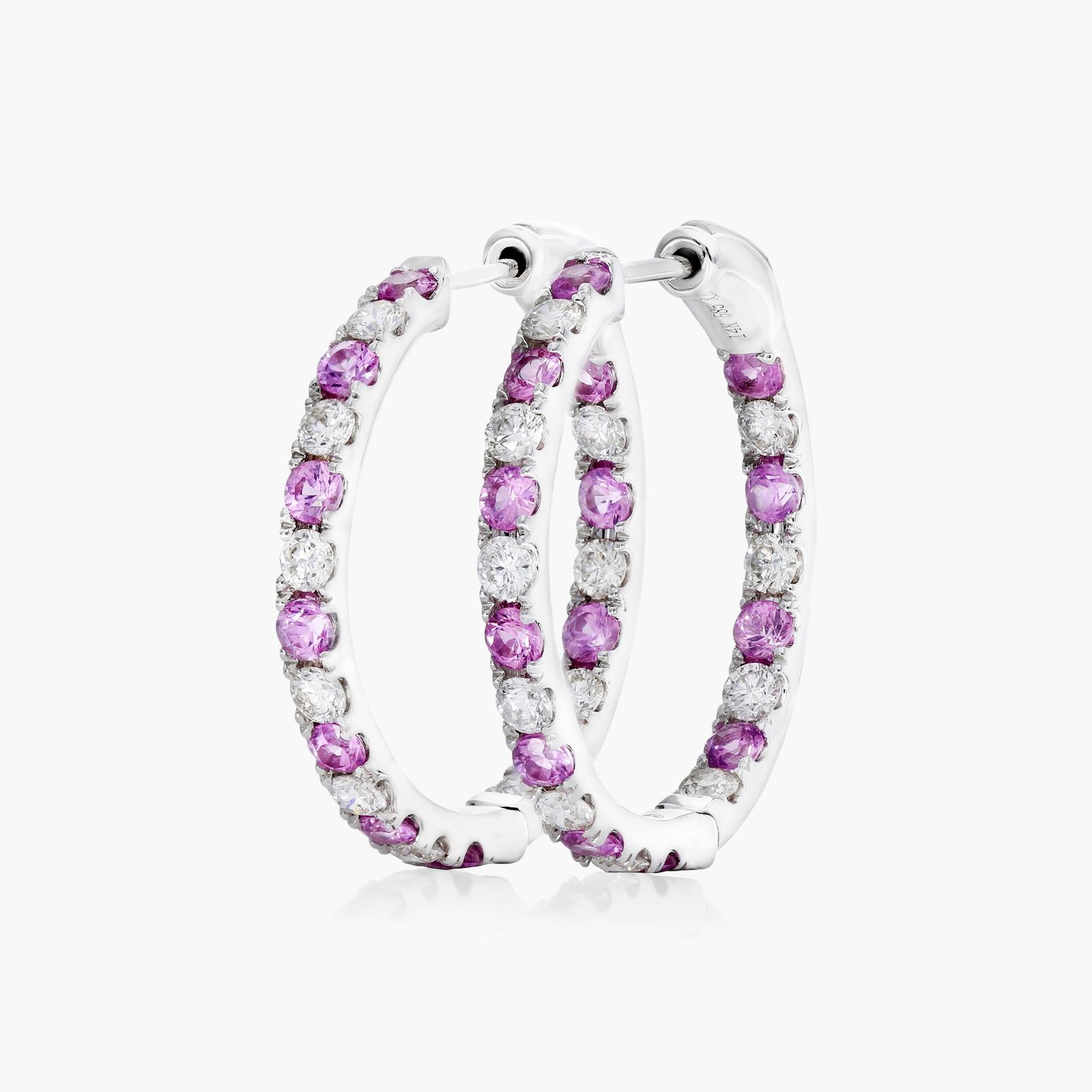 Inside Out Pink Sapphire And Diamond Round Hoop Earrings In 14K White Gold