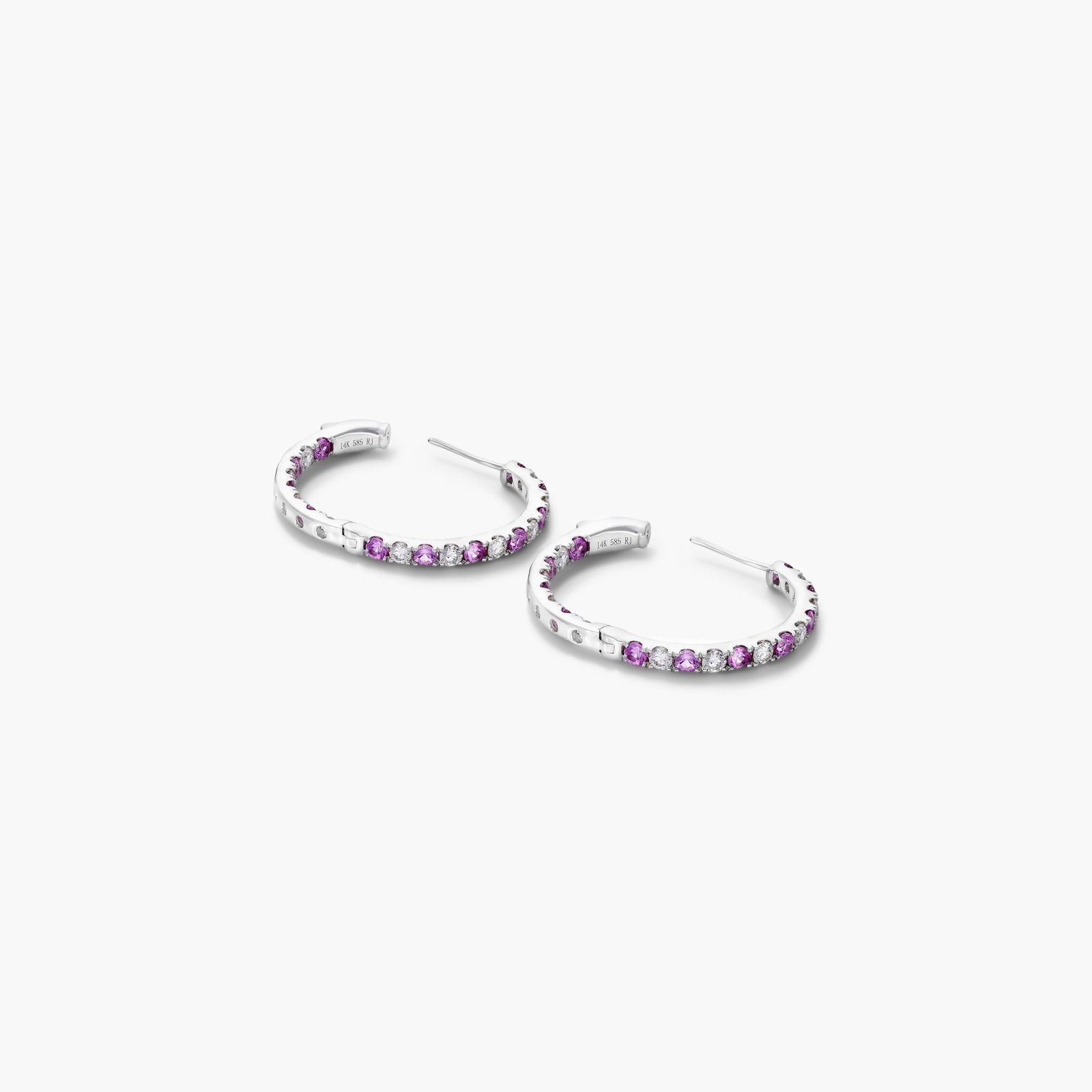 Inside Out Pink Sapphire And Diamond Round Hoop Earrings In 14K White Gold