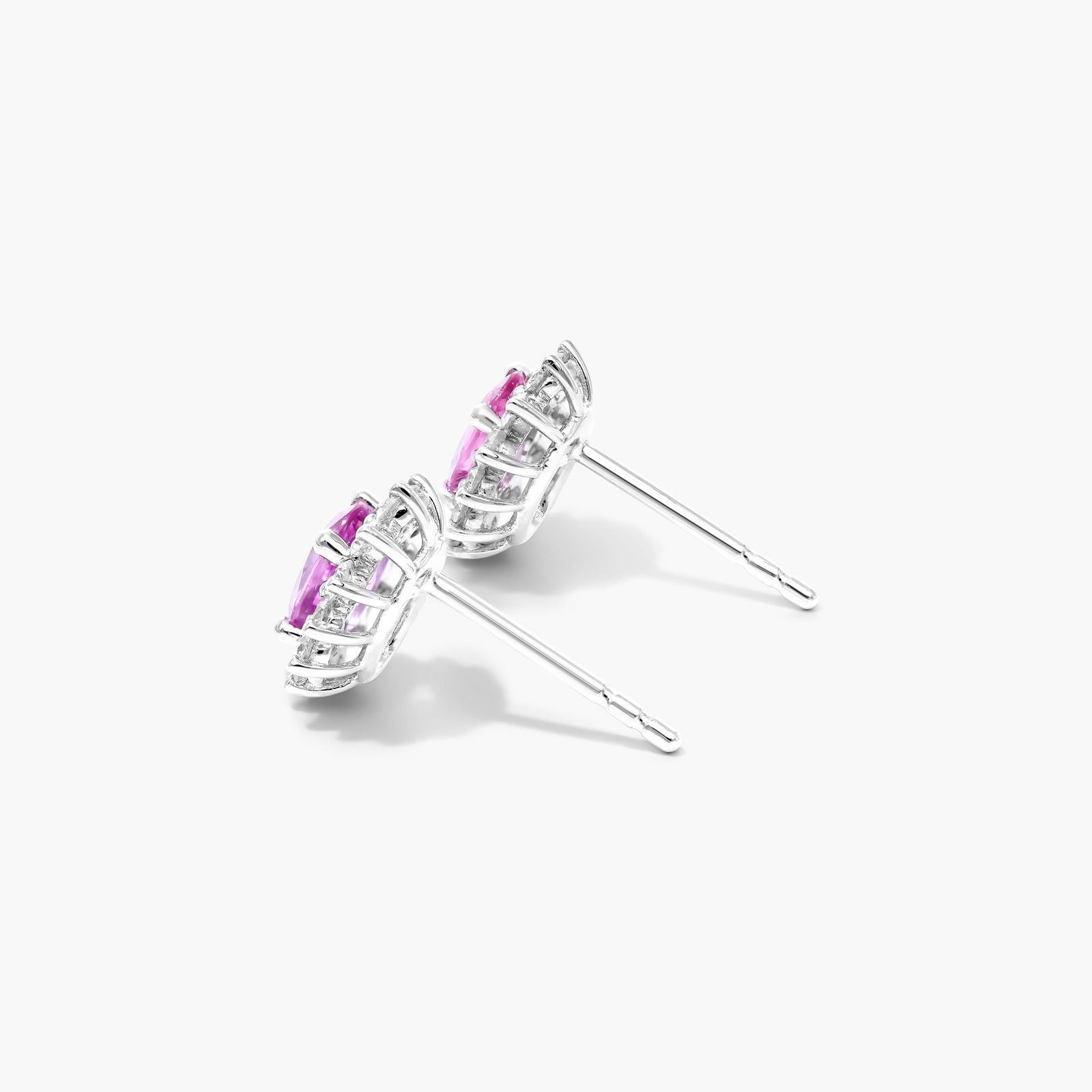 Oval Cut Pink Sapphire And Diamond Halo Earrings In 18K White Gold
