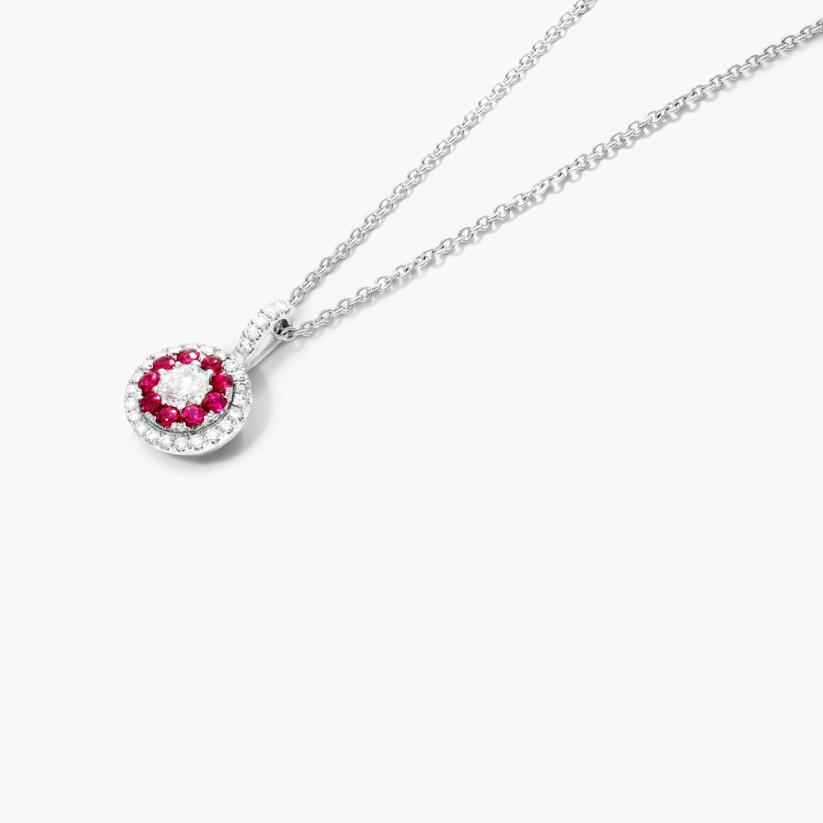 14K White Gold Double Halo Ruby and Diamond Necklace
