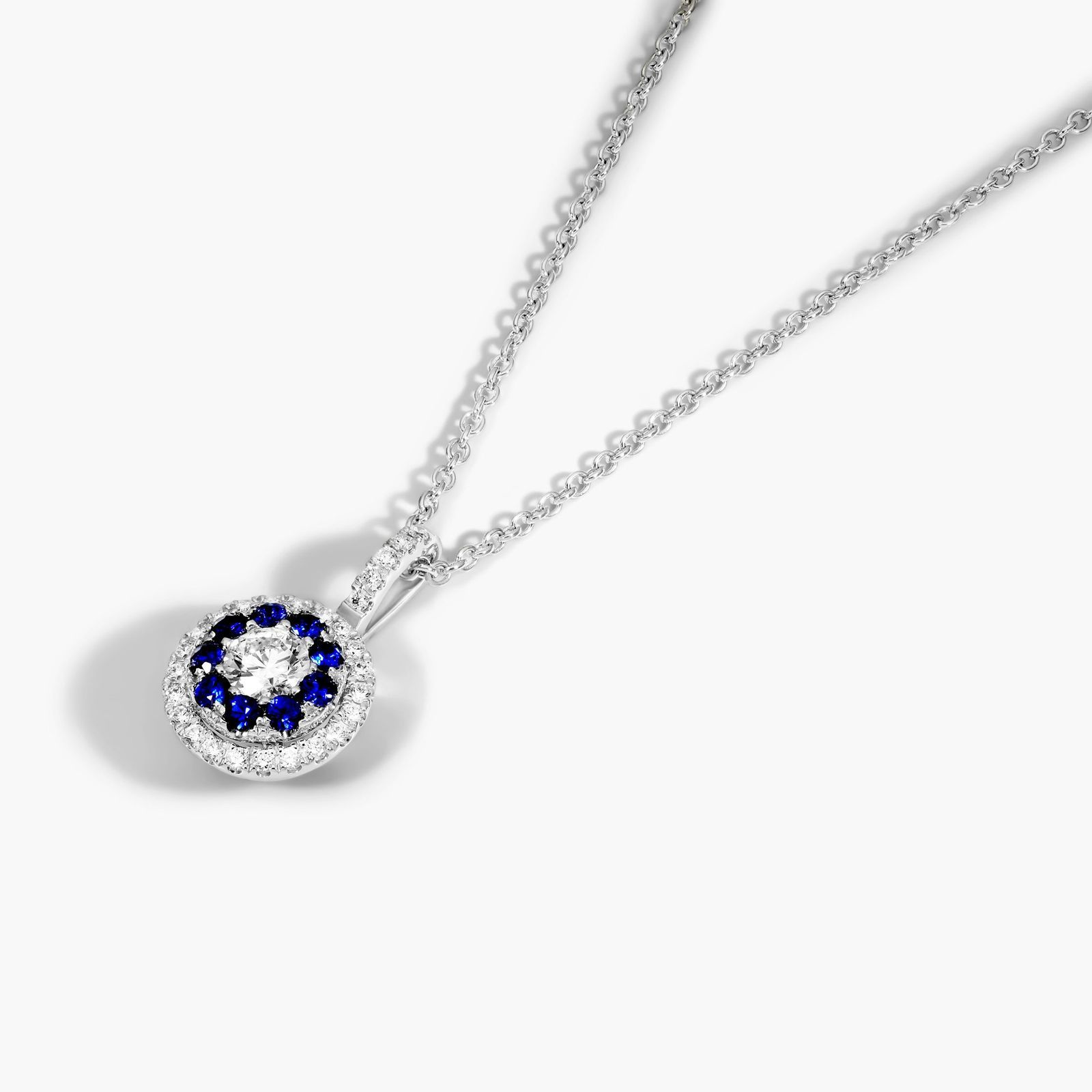 14K White Gold Double Halo Sapphire and Diamond Necklace