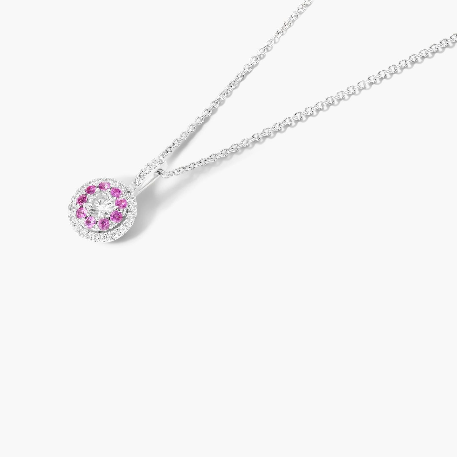 14K White Gold Double Halo Pink Sapphire and Diamond Necklace