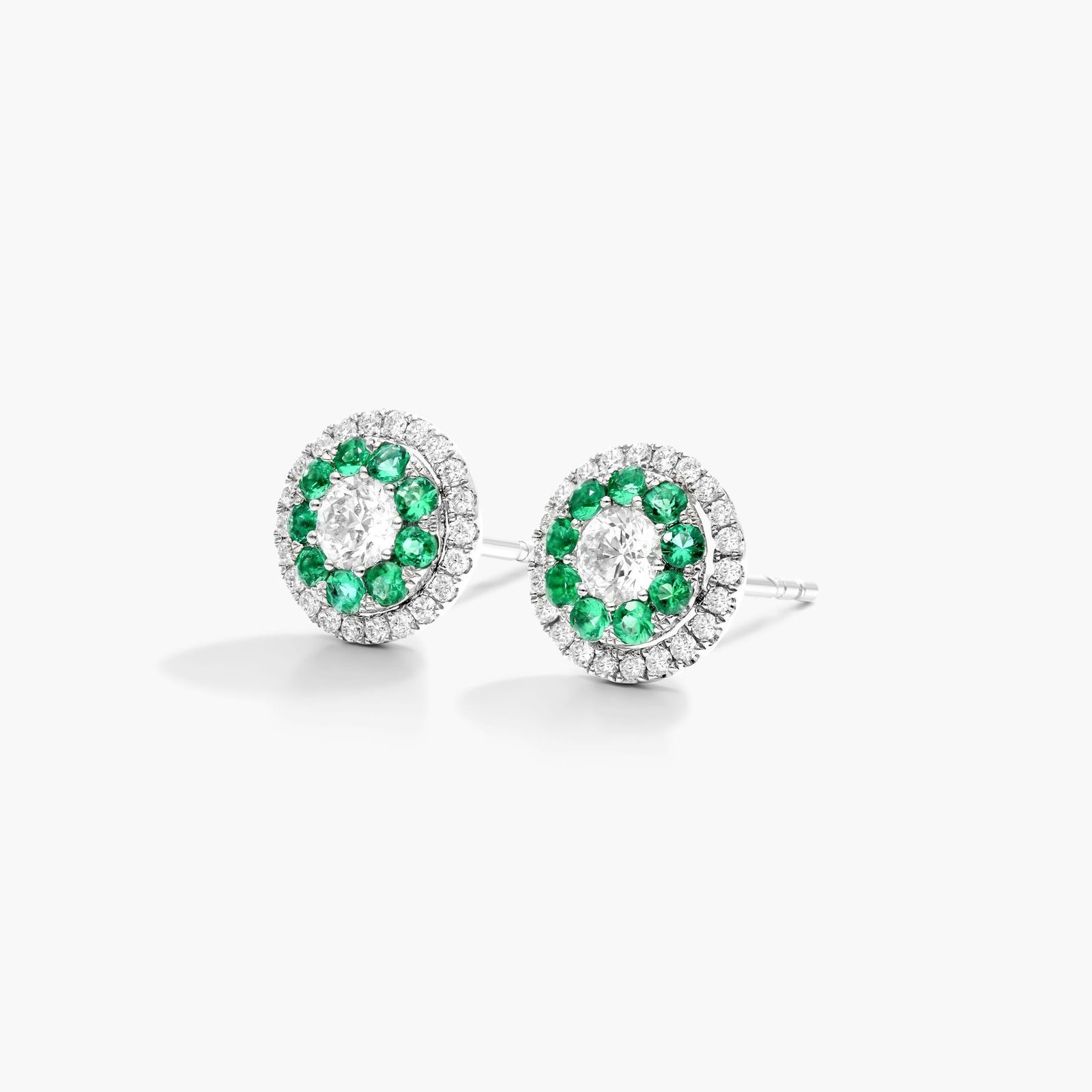 Emerald And Diamond Double Halo Stud Earrings In 14K White Gold