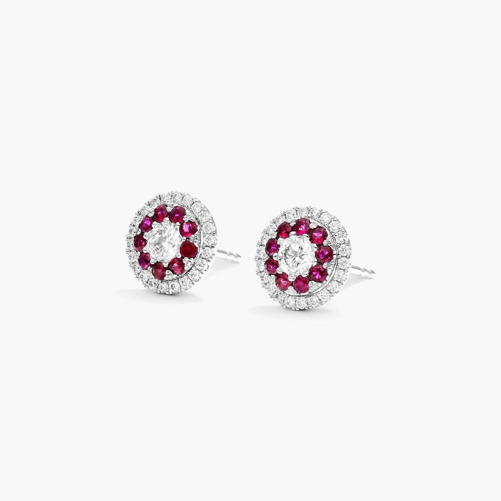Ruby And Diamond Double Halo Stud Earrings In 14K White Gold
