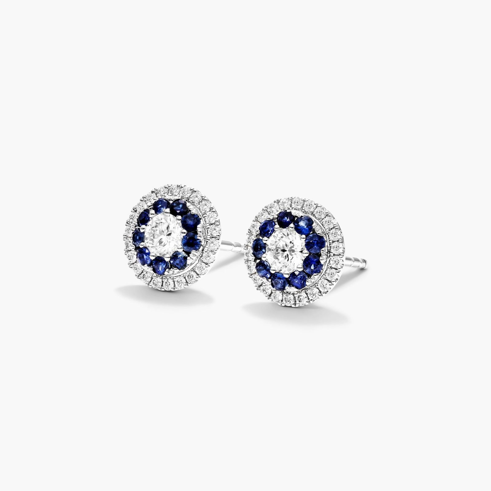 Sapphire And Diamond Double Halo Stud Earrings In 14K White Gold