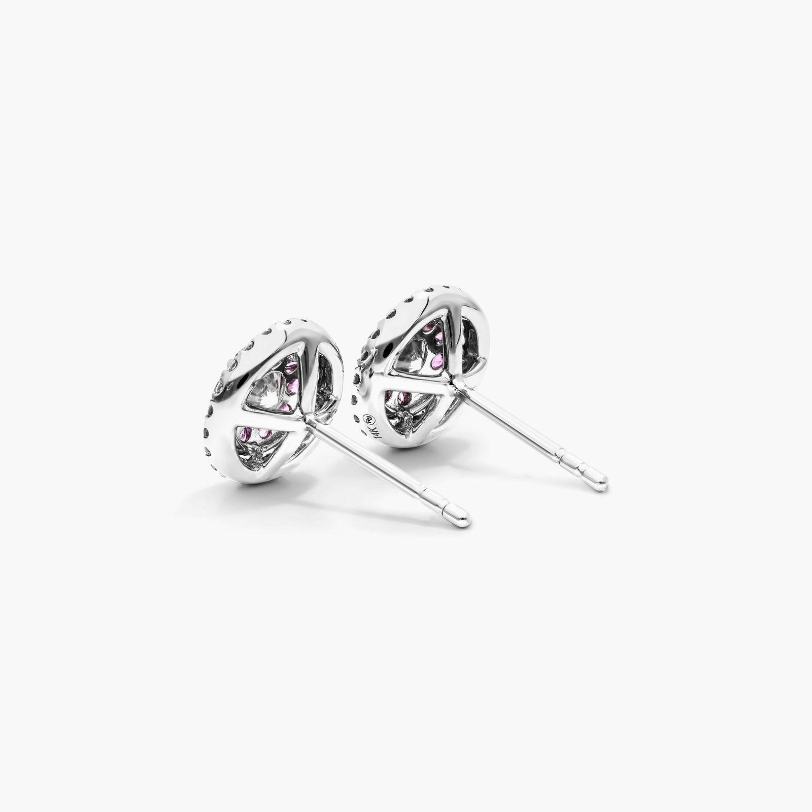 Pink Sapphire And Diamond Double Halo Stud Earrings In 14K White Gold