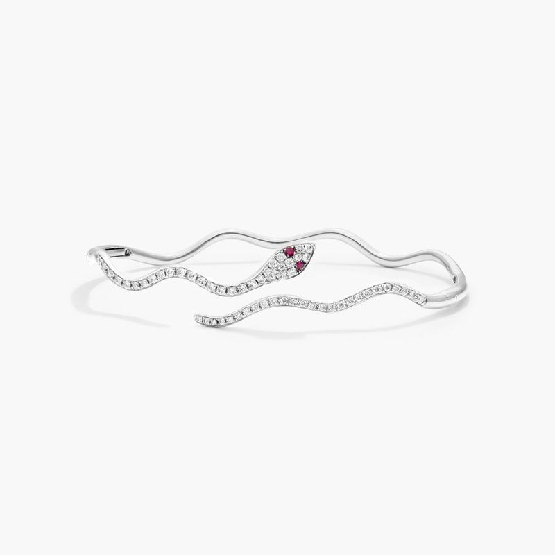 Snake Motif Diamond and Ruby Bracelet In 14K White Gold