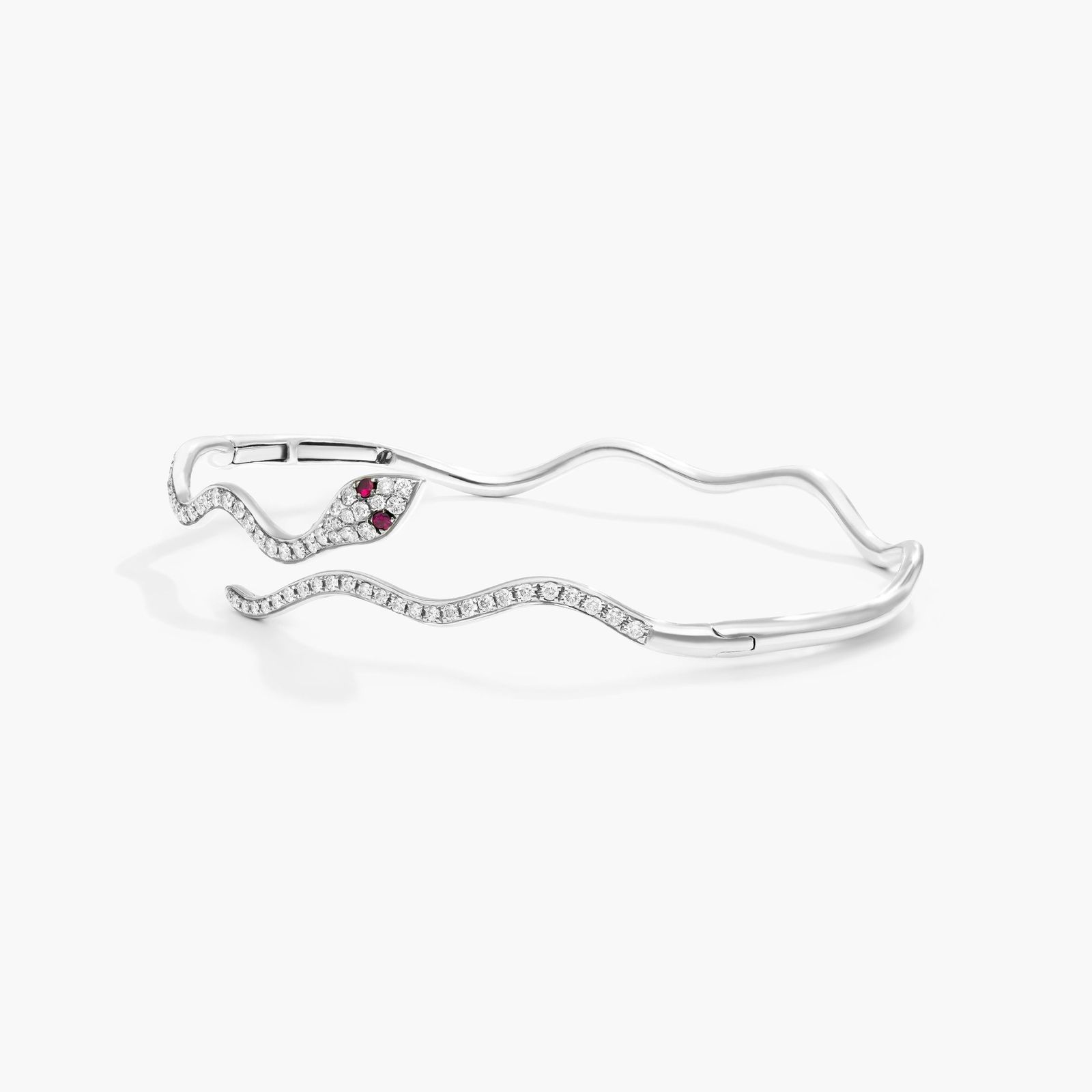 Snake Motif Diamond and Ruby Bracelet In 14K White Gold