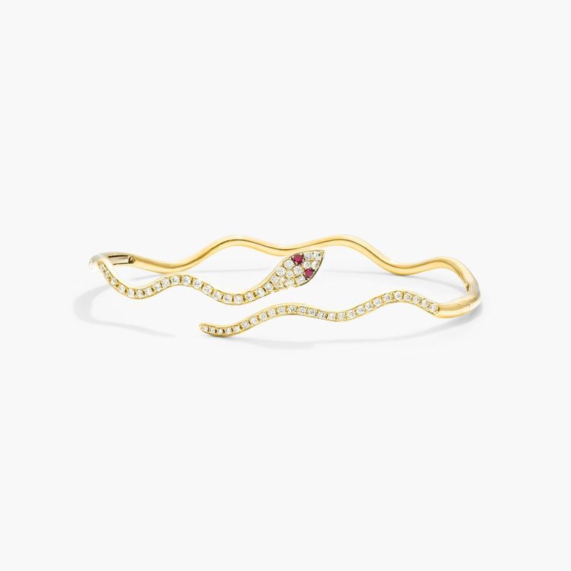 Snake Motif Diamond and Ruby Bracelet In 14K Yellow Gold