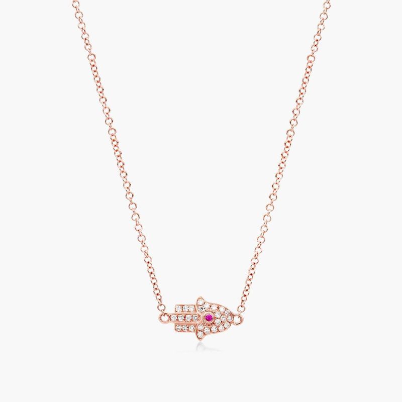 Hamsa Ruby And Diamond Necklace In 14K Rose Gold