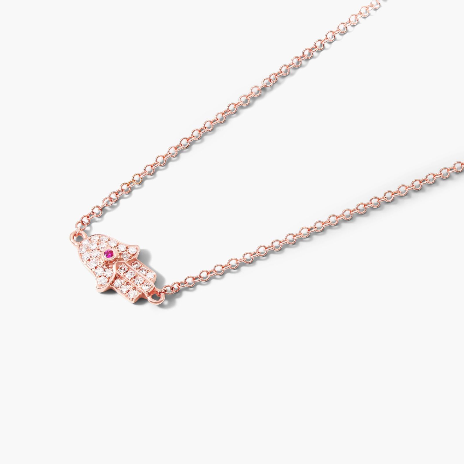 Hamsa Ruby And Diamond Necklace In 14K Rose Gold