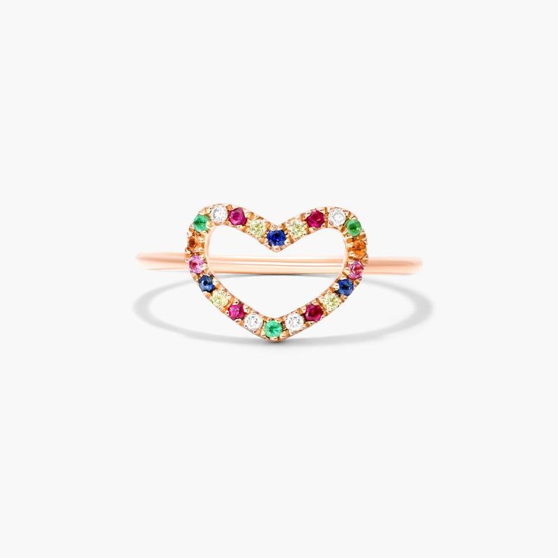Multi Gemstone Petite Open Heart Ring In 14K Rose Gold