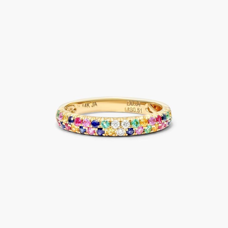 Double Row Pavé Multicolor Ring In 14K Yellow Gold