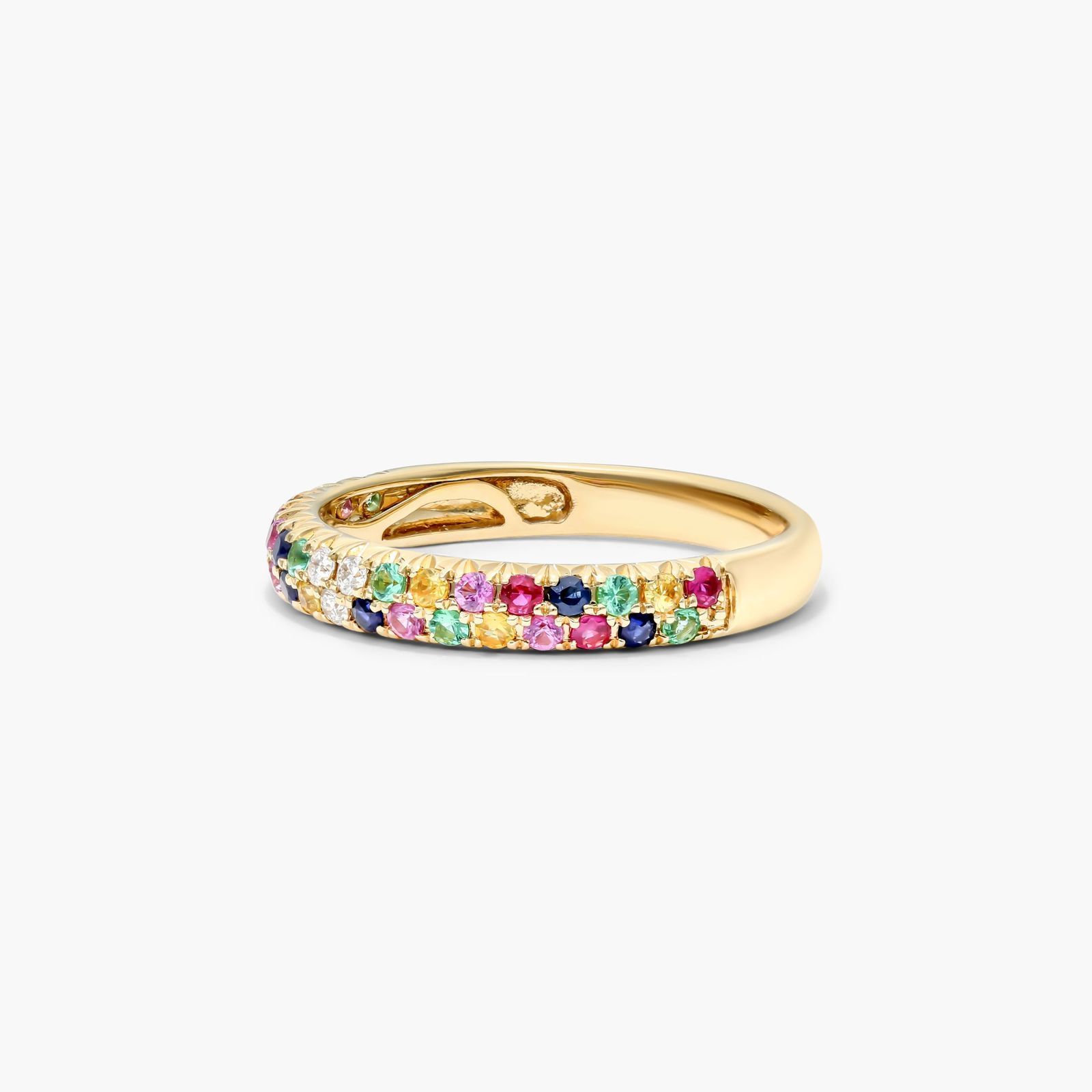 Double Row Pavé Multicolor Ring In 14K Yellow Gold