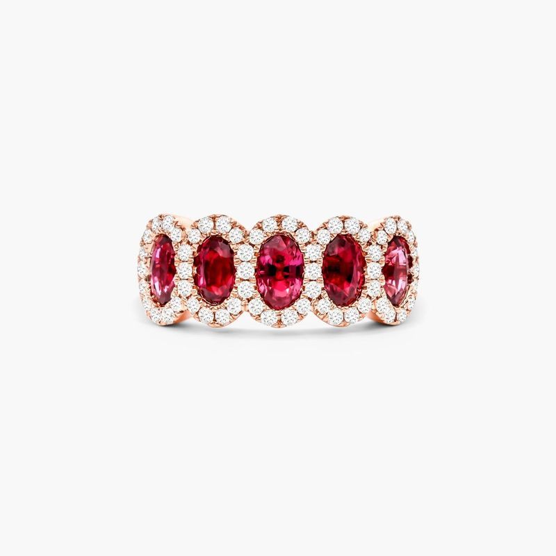 14K Rose Gold Five Stone Halo Ruby and Diamond Ring