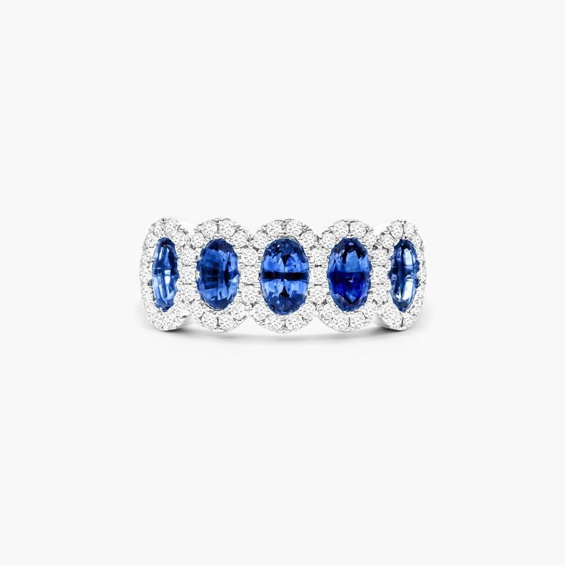 Five Stone Halo Sapphire And Diamond Ring In 14K White Gold