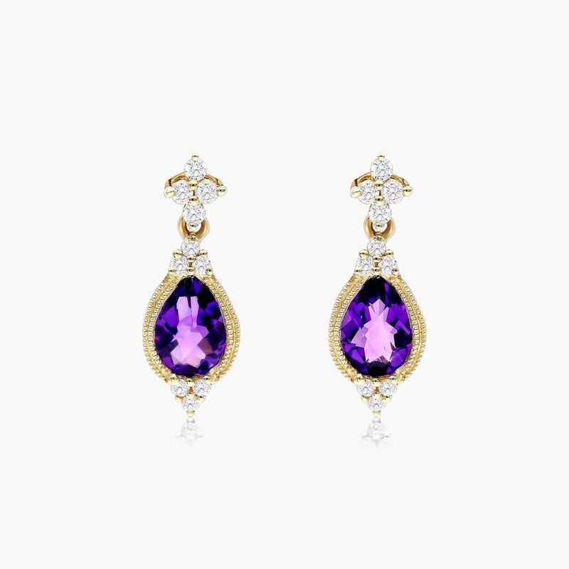Classical Amethyst And Diamond Earrings In 14K Yellow Gold By Brevani