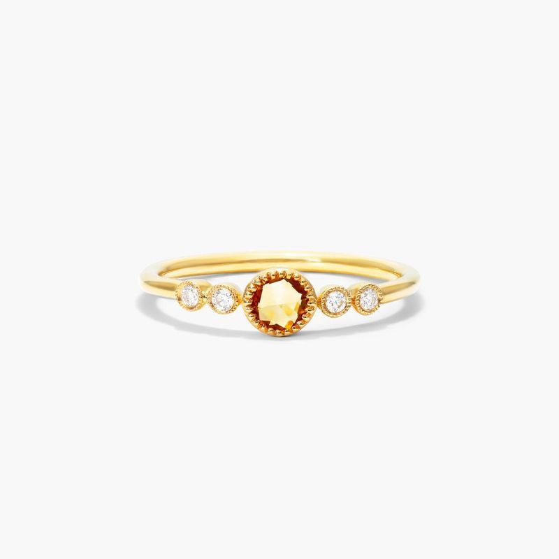 Dainty Citrine Bezel Diamond Ring In 14K Yellow Gold by Brevani