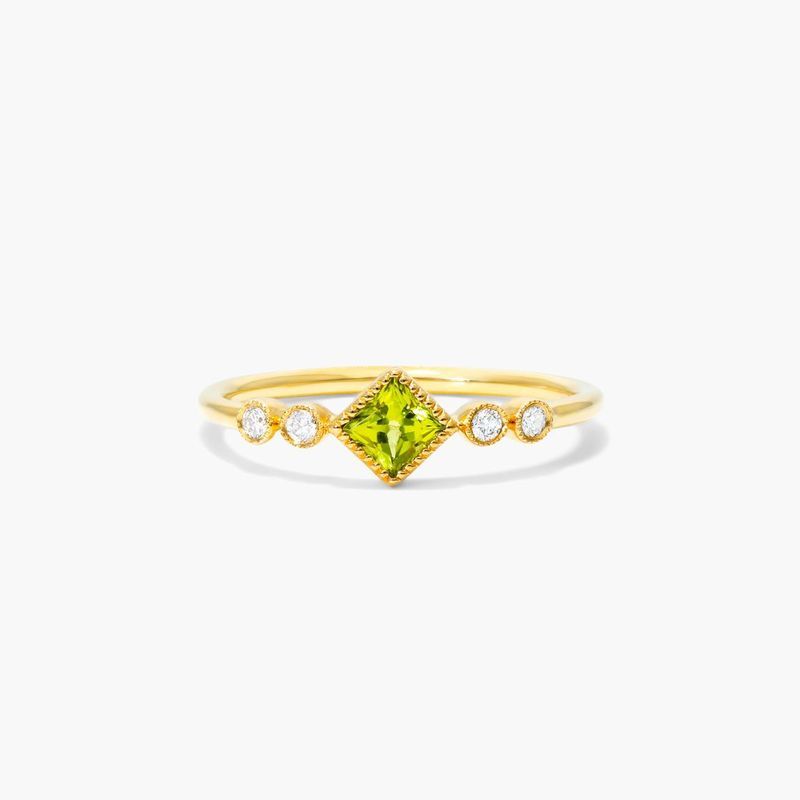 Dainty Peridot Bezel Diamond Ring In 14K Yellow Gold by Brevani