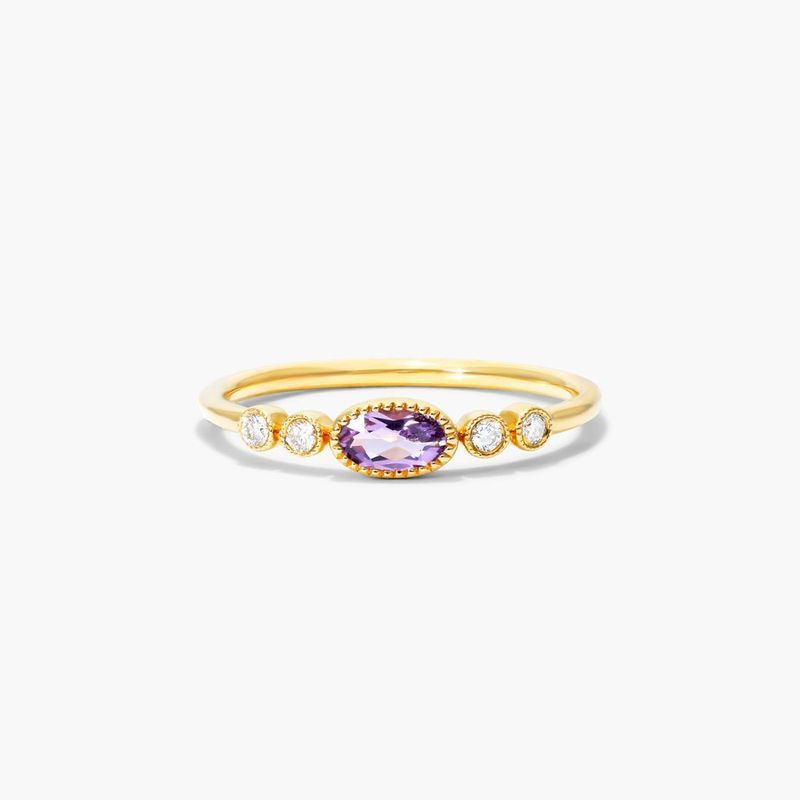 Dainty Amethyst Bezel Diamond Ring In 14K Yellow Gold by Brevani
