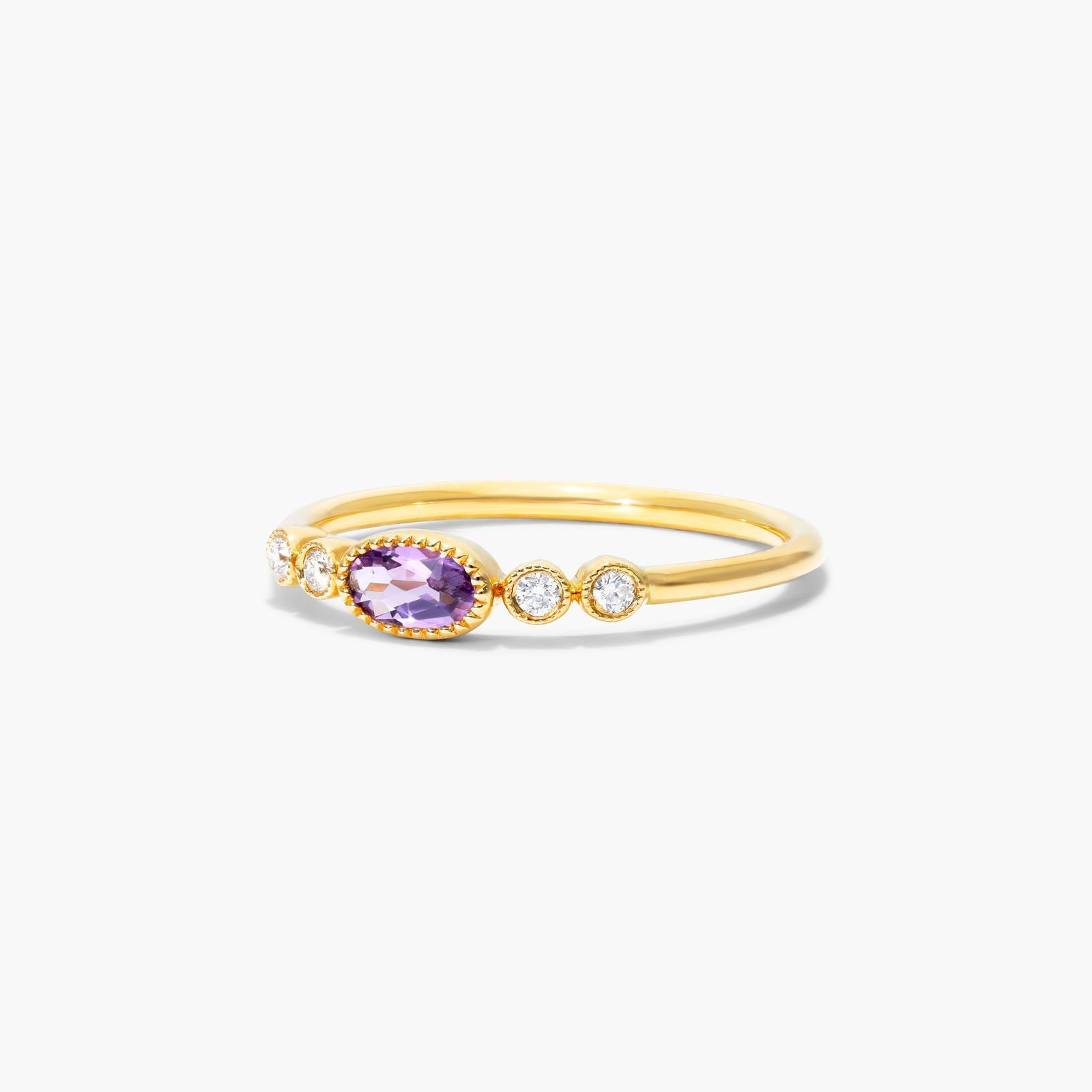 Dainty Amethyst Bezel Diamond Ring In 14K Yellow Gold by Brevani