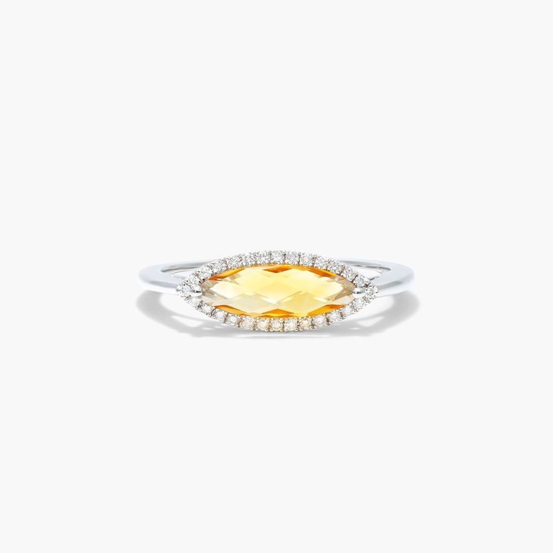Halo Marquise Citrine And Diamond Ring In 14K White Gold by Brevani