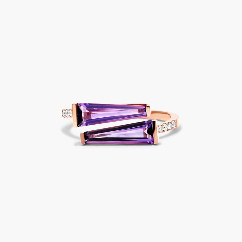 Bypass Duo Amethyst And Diamond Ring In 14K Rose Gold by Brevani