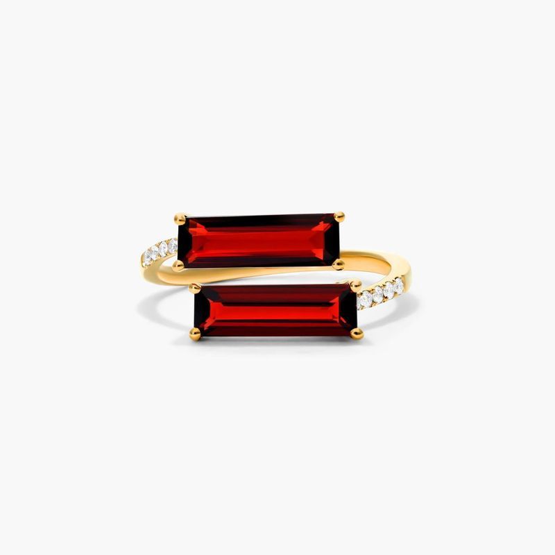 Bypass Duo Garnet And Diamond Ring In 14K Yellow Gold by Brevani