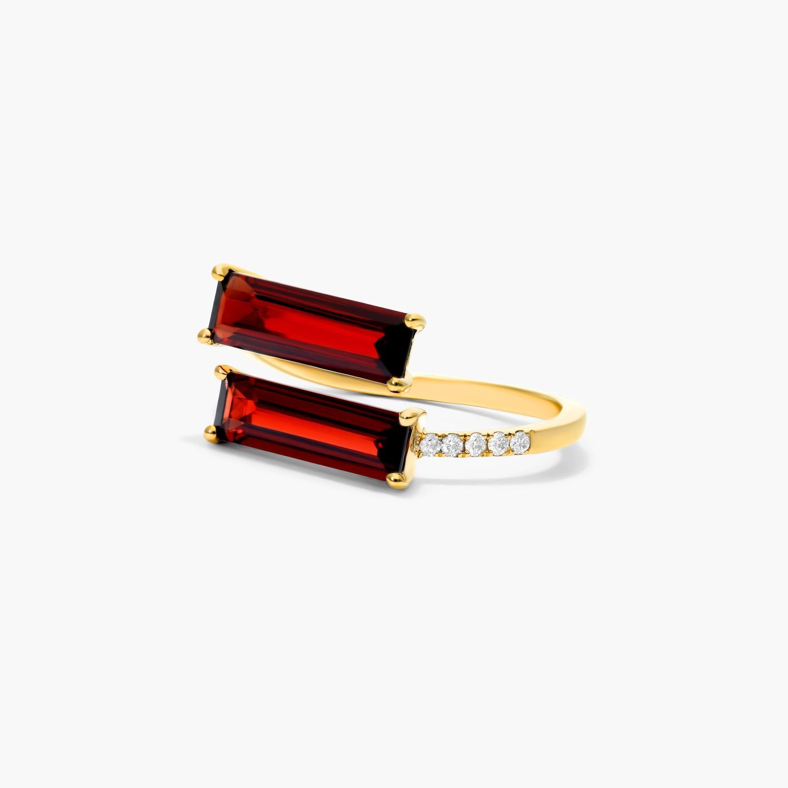 Bypass Duo Garnet And Diamond Ring In 14K Yellow Gold by Brevani
