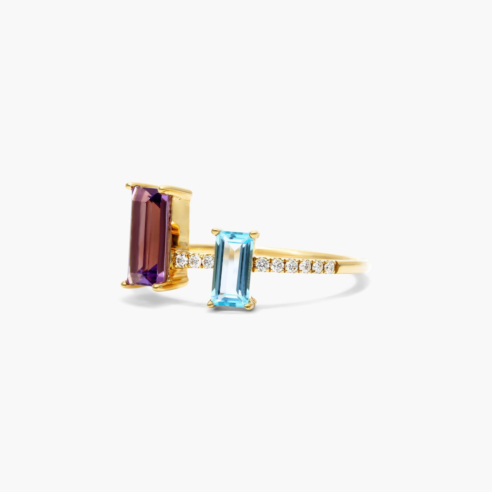 Amethyst And Blue Topaz Duo Ring In 14K Yellow Gold by Brevani
