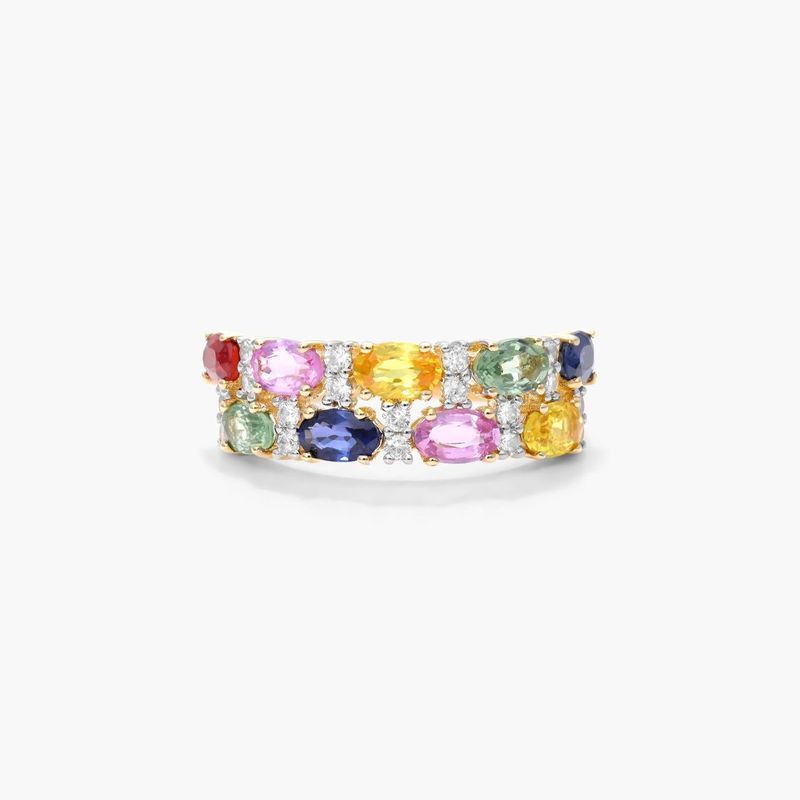 14K Yellow Gold Multi Sapphire Double Row Ring