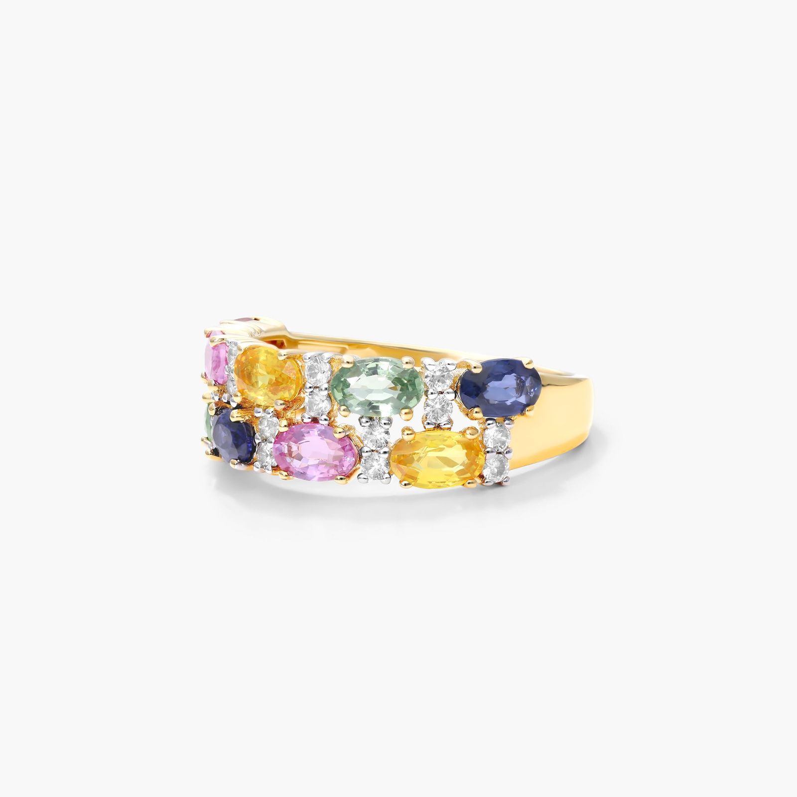 14K Yellow Gold Multi Sapphire Double Row Ring