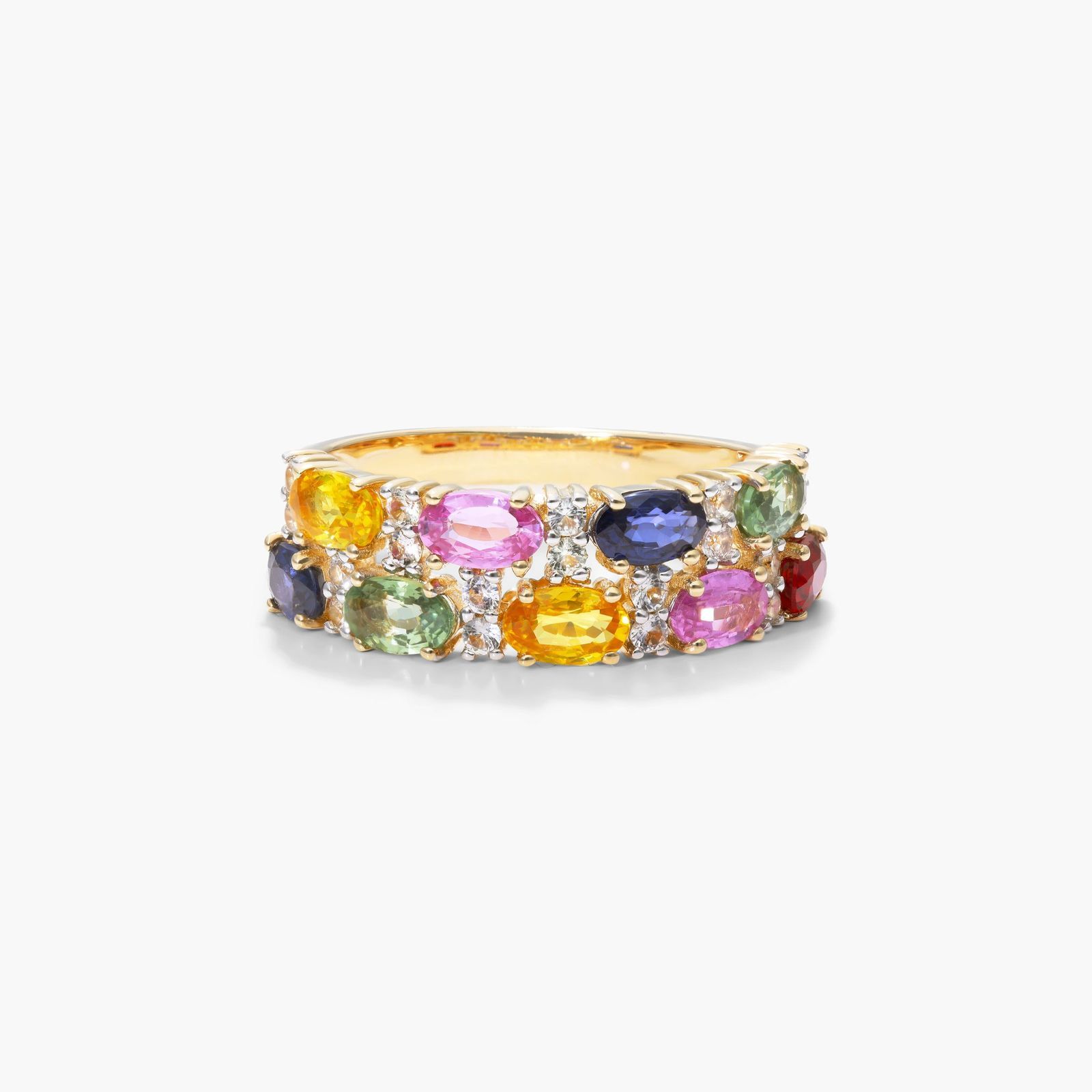 14K Yellow Gold Multi Sapphire Double Row Ring