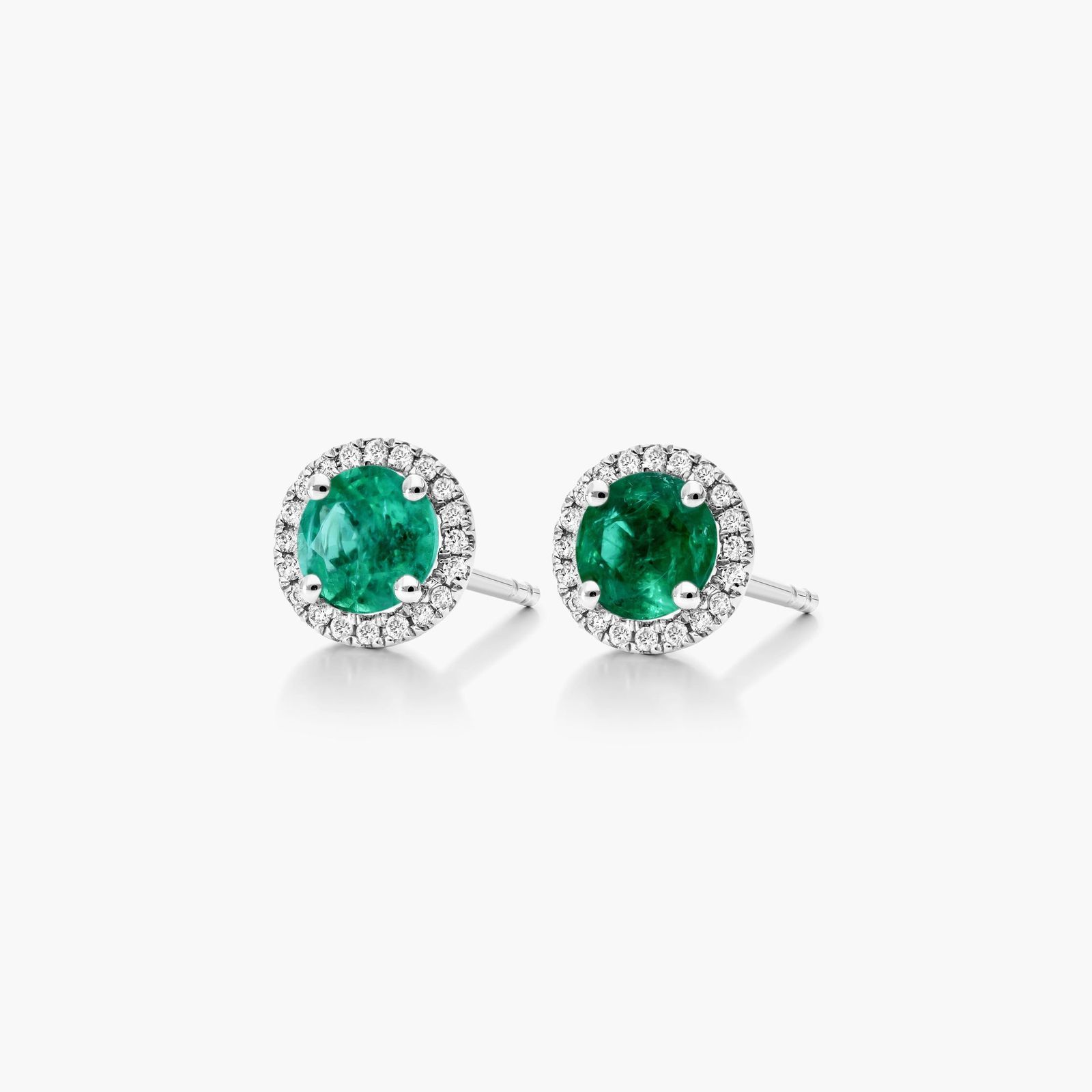 Round Emerald And Diamond Halo Earrings In 18K White Gold