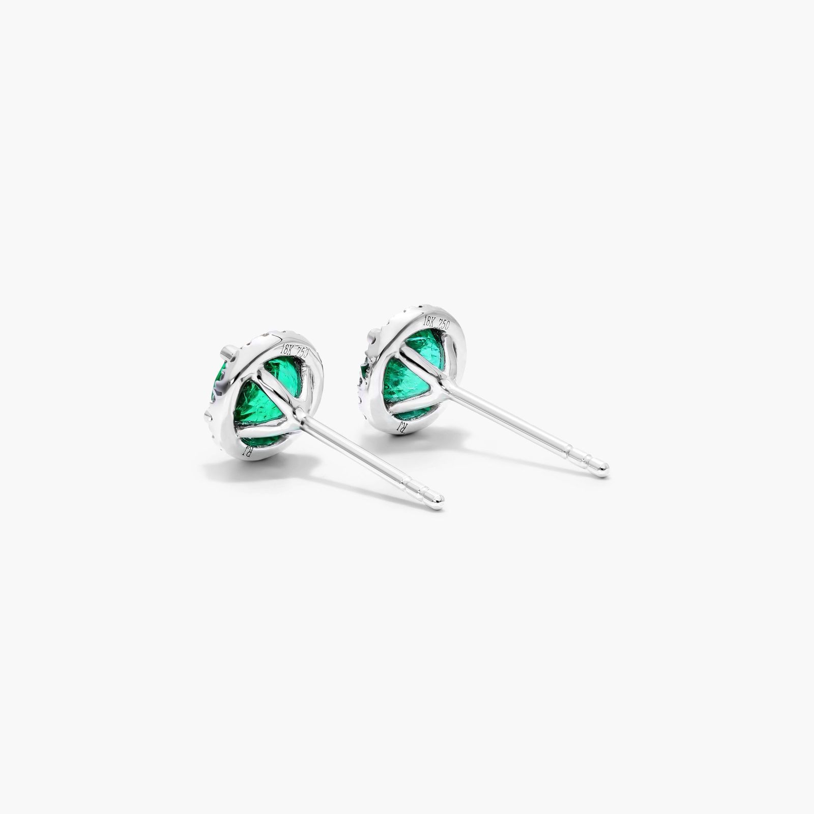 Round Emerald And Diamond Halo Earrings In 18K White Gold