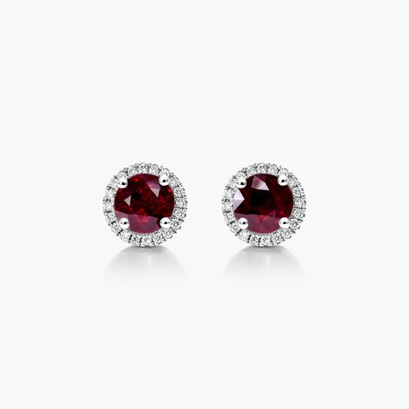 Round Ruby And Diamond Halo Earrings In 18K White Gold