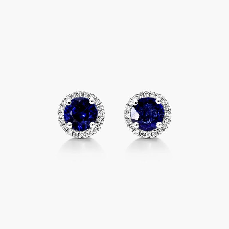 Round Sapphire And Diamond Halo Earrings In 18K White Gold
