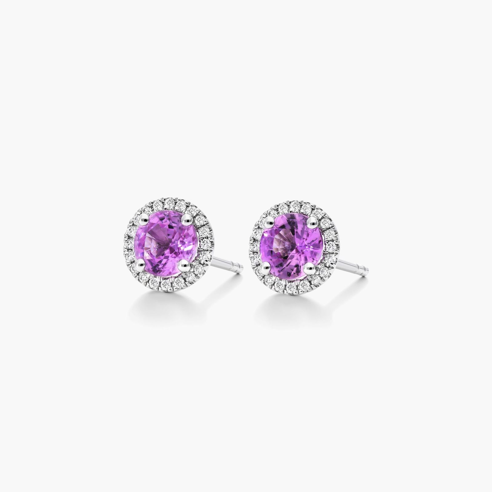 Round Pink Sapphire And Diamond Halo Earrings In 18K White Gold