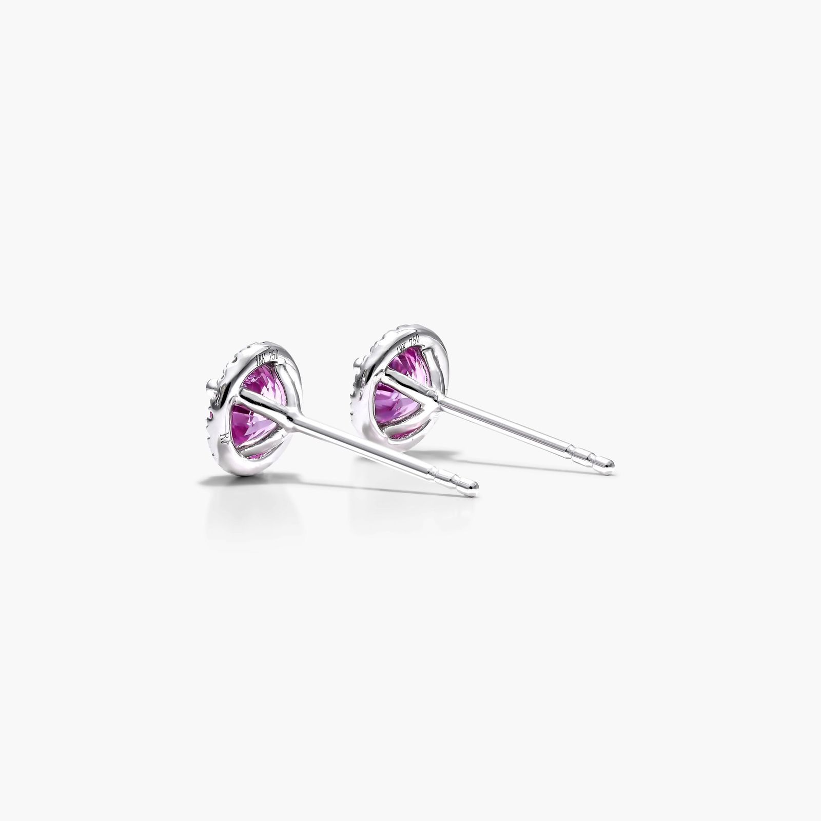 Round Pink Sapphire And Diamond Halo Earrings In 18K White Gold