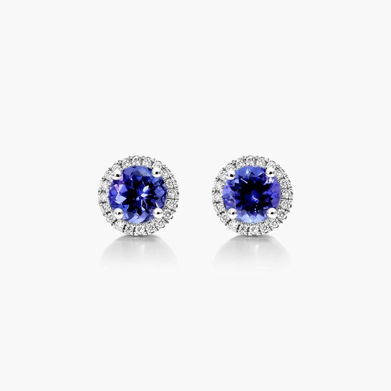 Round Tanzanite And Diamond Halo Earrings In 14K White Gold
