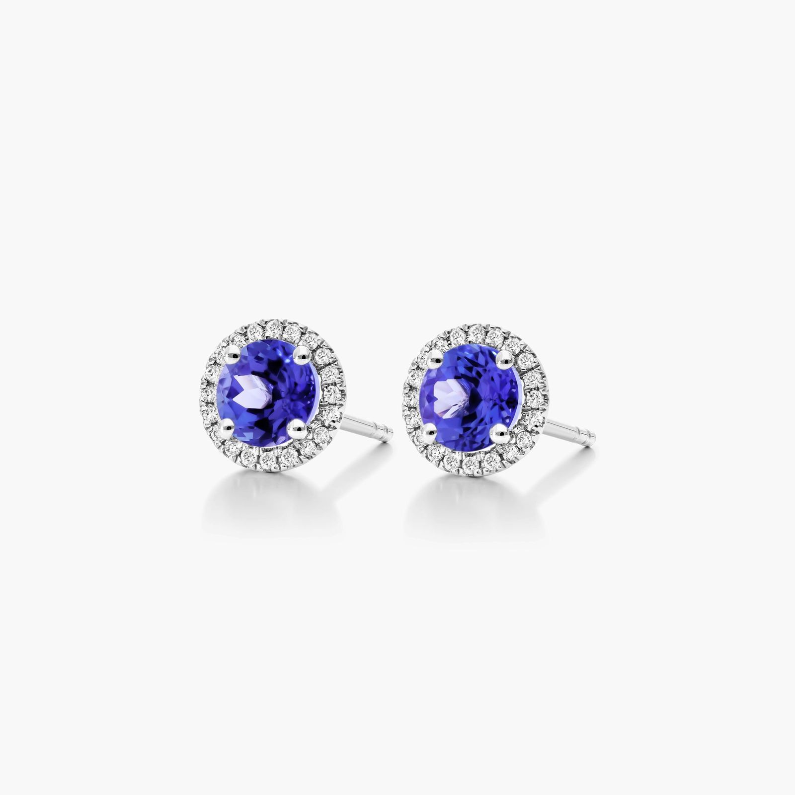 Round Tanzanite And Diamond Halo Earrings In 14K White Gold