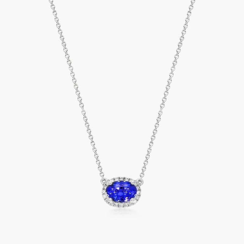 14K White Gold East West Set Oval Halo Tanzanite and Diamond Necklace (7x5mm)
