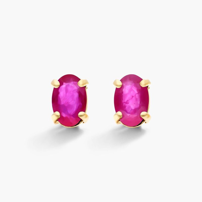 Oval Cut Ruby Birthstone Earrings In 14K Yellow Gold
